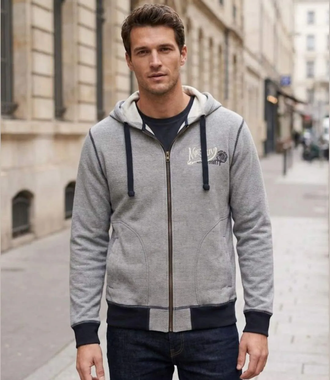 AXXANO AH1169M — Sweat à capuche marine et écru : le confort texturé 100% coton-5