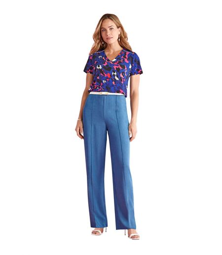 Pantalon fluide ceinture semi-élastiquée bleu