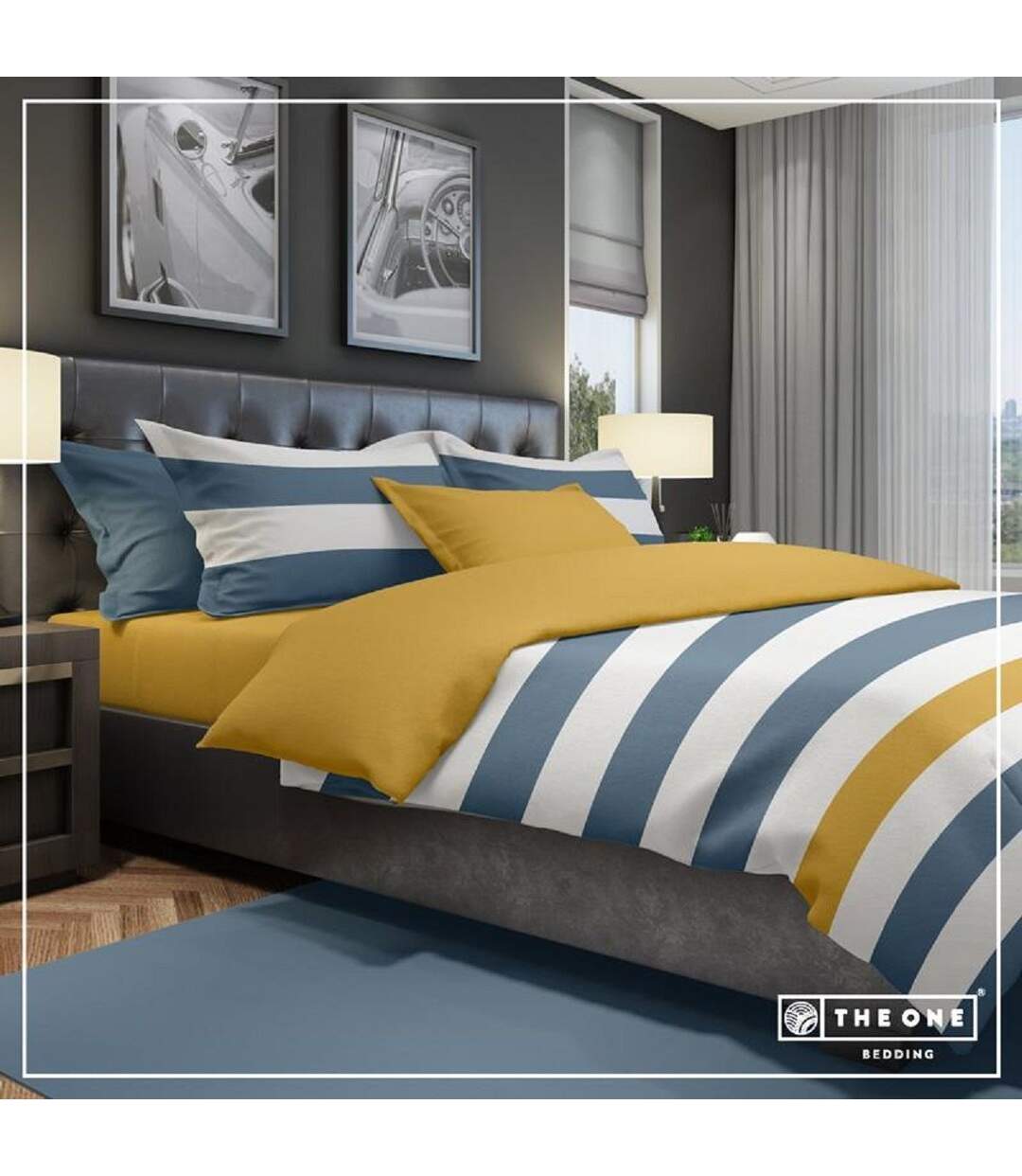 Housse de couette - 240x220 - bleu indigo-jaune d'or et blanc - T1-BSTRIPE240-1