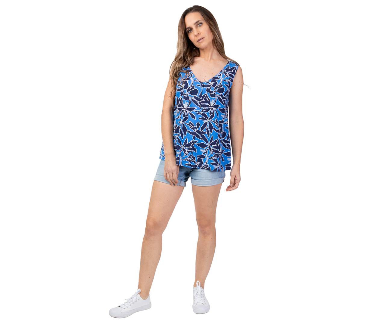 Top été sans manches IVANOE imprimé fleurs bleues Coton Du Monde-1