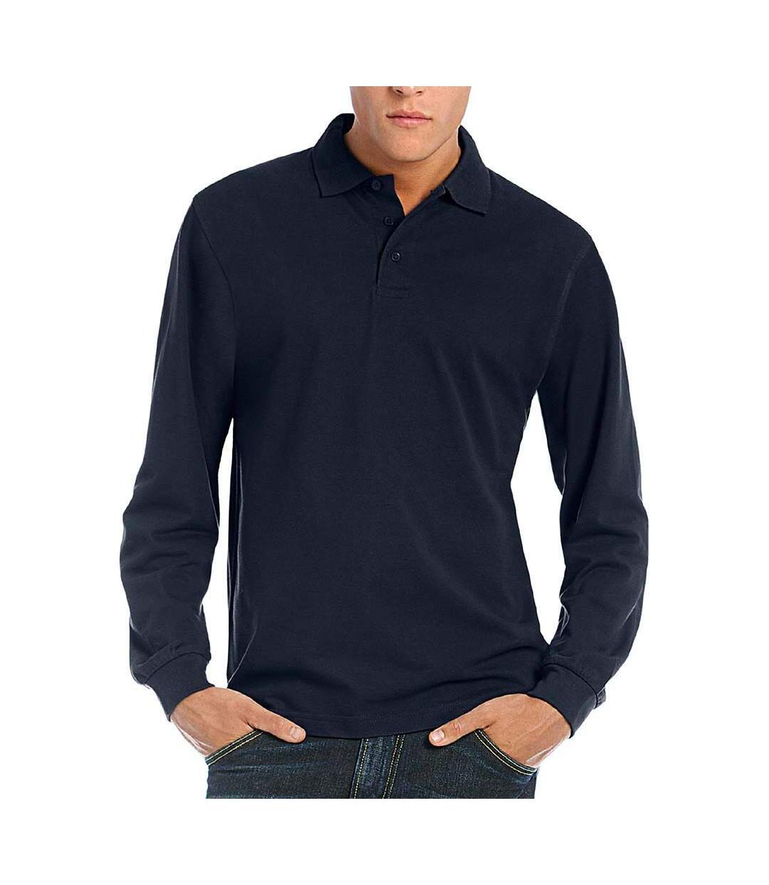 B&C Mens Heavymill Cotton Long Sleeve Polo Shirt (Navy)