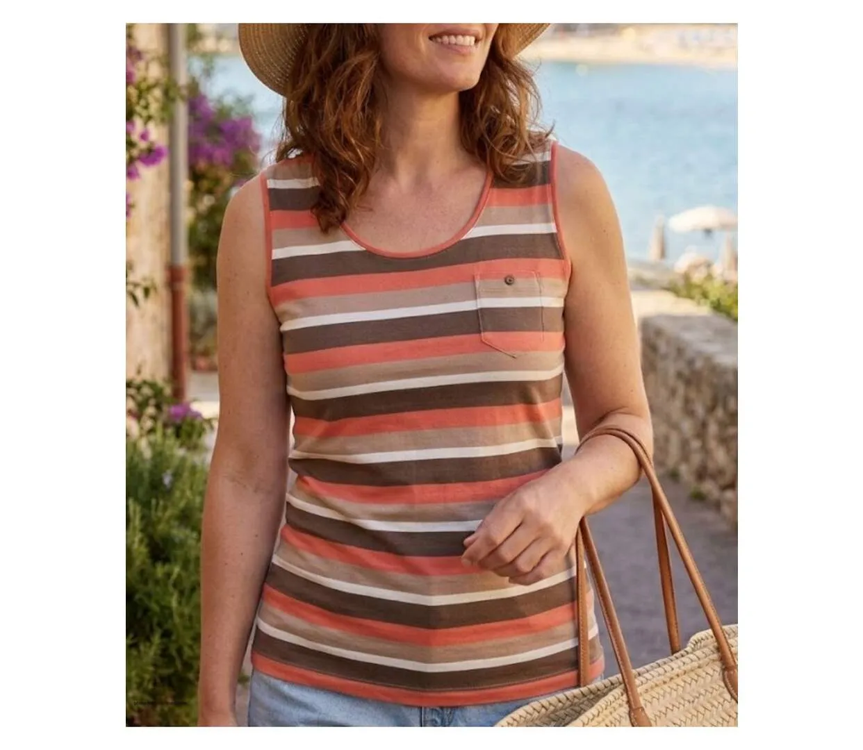 MAYFLOWER LILOU1 — Débardeur taupe / corail femme coton : l'alliance parfaite de la sobriété et de la fraîcheur-1