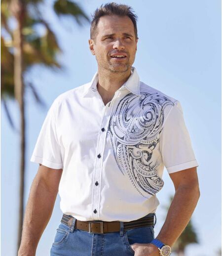 Bílá popelínová košile s potiskem polynéských motivů