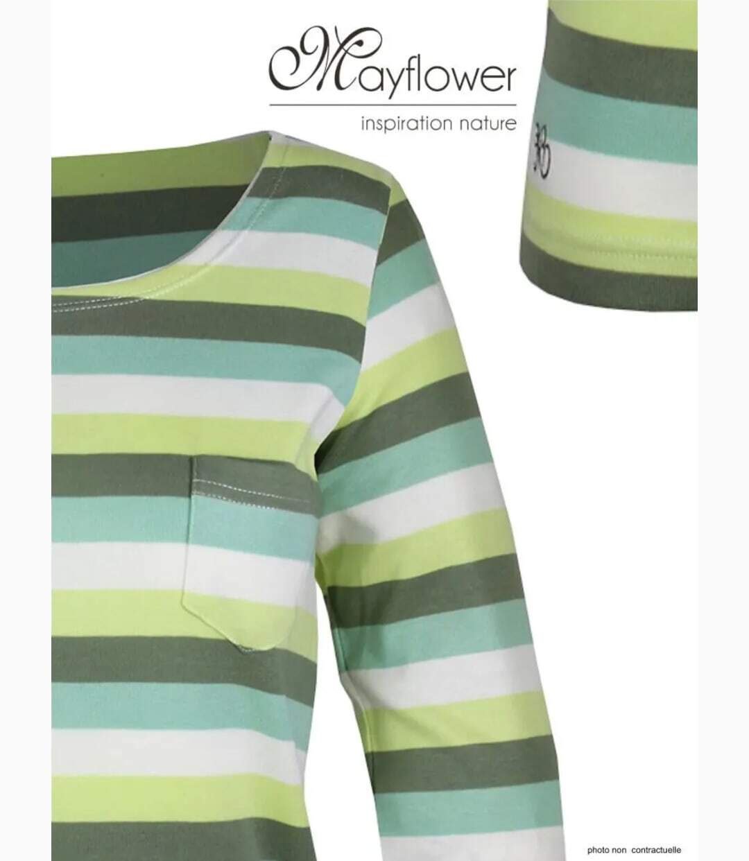 MAYFLOWER DIXIE2 - Tee-shirt manches 3/4 en coton rib : rayures blanc, aqua, kaki et vert-4