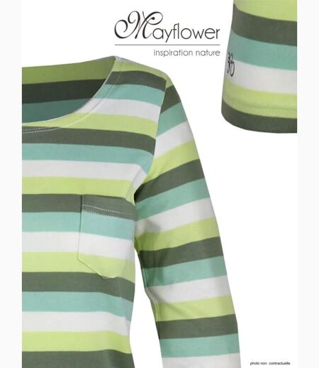 MAYFLOWER DIXIE2 - Tee-shirt manches 3/4 en coton rib : rayures blanc, aqua, kaki et vert