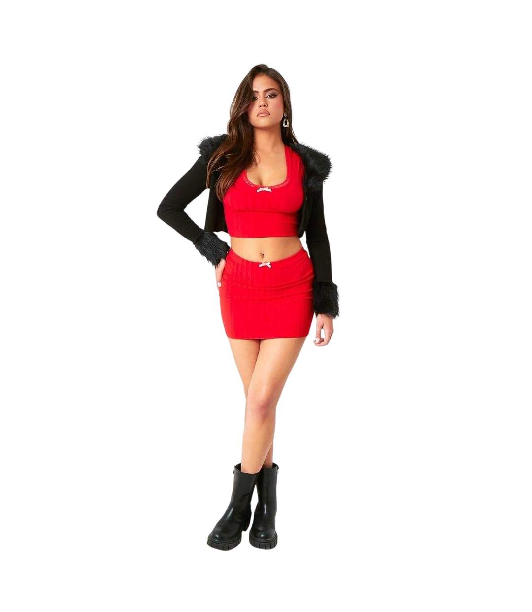 Womens/ladies Ribbed Bow Detail Mini Skirt Red Missy Empire-1