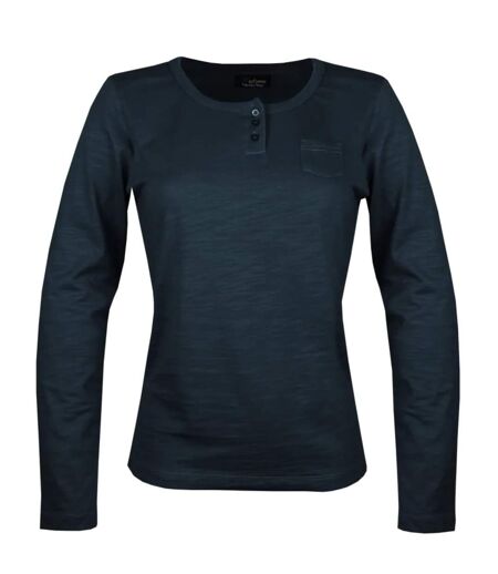 AXONE CHINA1N - Tee-shirt noir manches longues en coton flammé avec col 3 boutons et poche poitrine