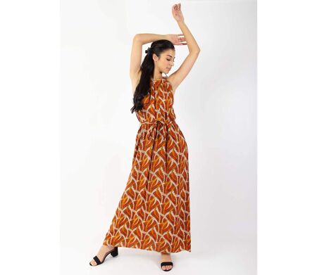 Robe longue col licou FRIDA imprimé ethnique orange Coton Du Monde