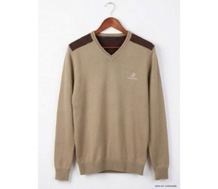 Pull Col V Homme Winchester Panel1 Beige avec Renforts Suédine
