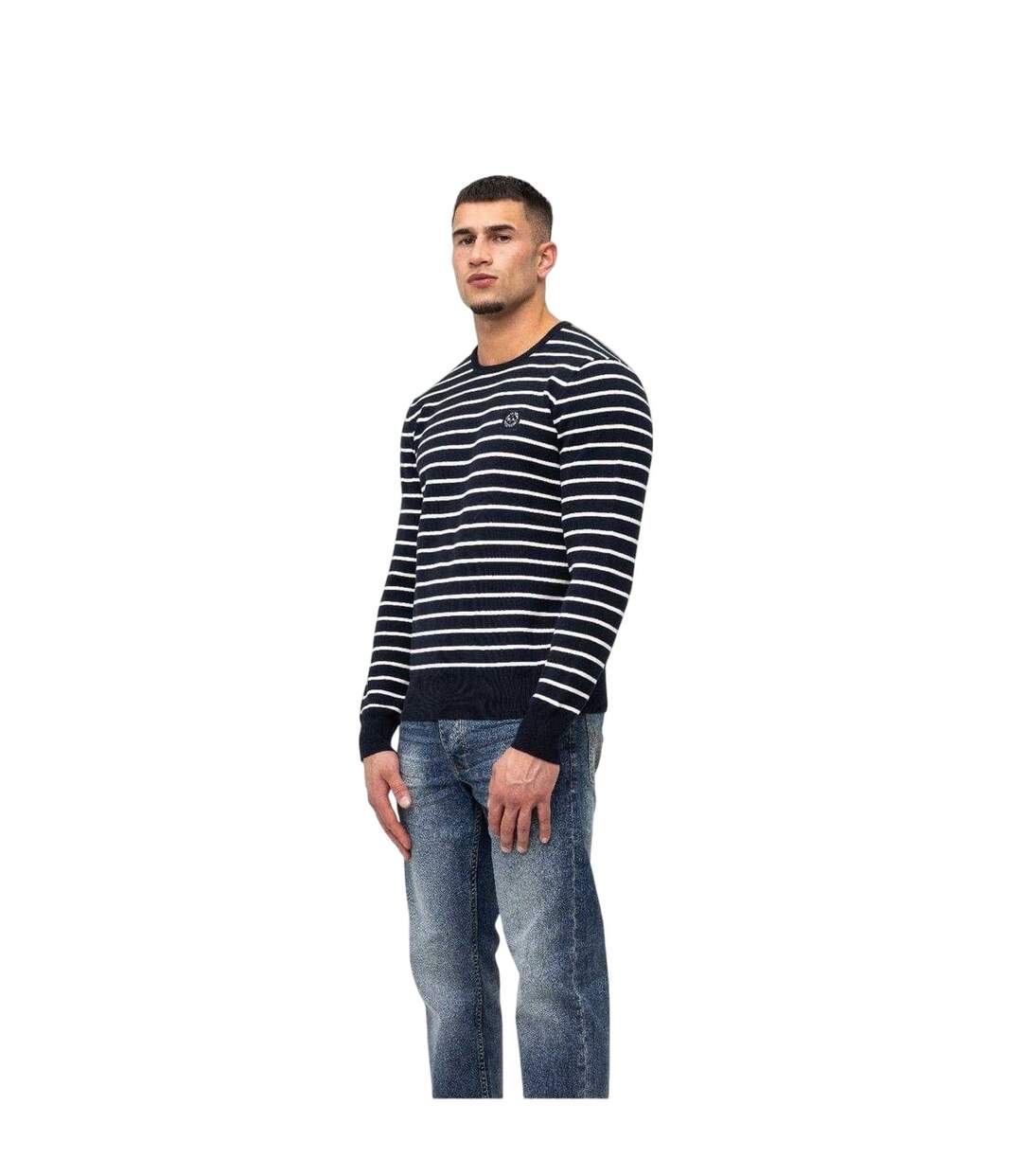 Mens Striped Rib Knit Sweater Top Navy Marshall Artist-2