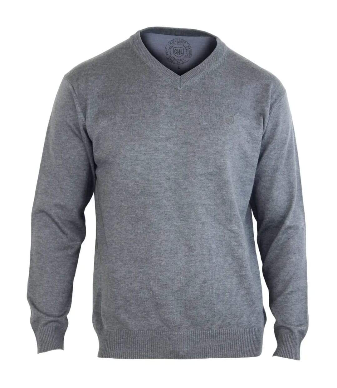 Pull Col V Homme PALAIS3 Gris avec Finitions Chambray-2
