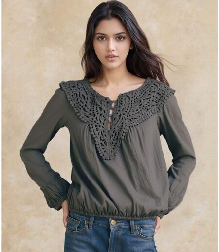 Tunique en dentelle noire à  manches longues, col tunisien - Style décontracté et chic pour toutes les saisons