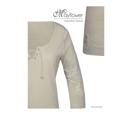 MAYFLOWER DOUGLAS2 - Tee-shirt beige manches 3/4 en maille flammée et col V à lacets