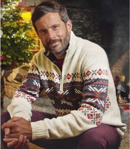 Men's Patterned Off-White Quarter-Zip Sweater 