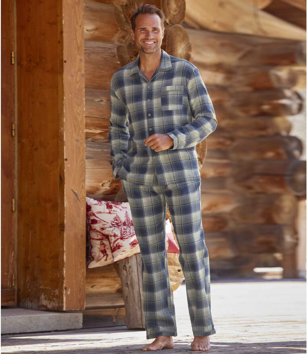 Men's Checked Flannel Pyjamas - Beige Navy Atlas For Men