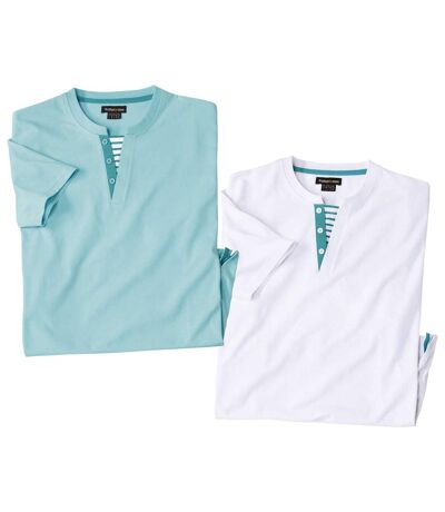 Pack of 2 Men's Henley T-Shirts - Turquoise White 