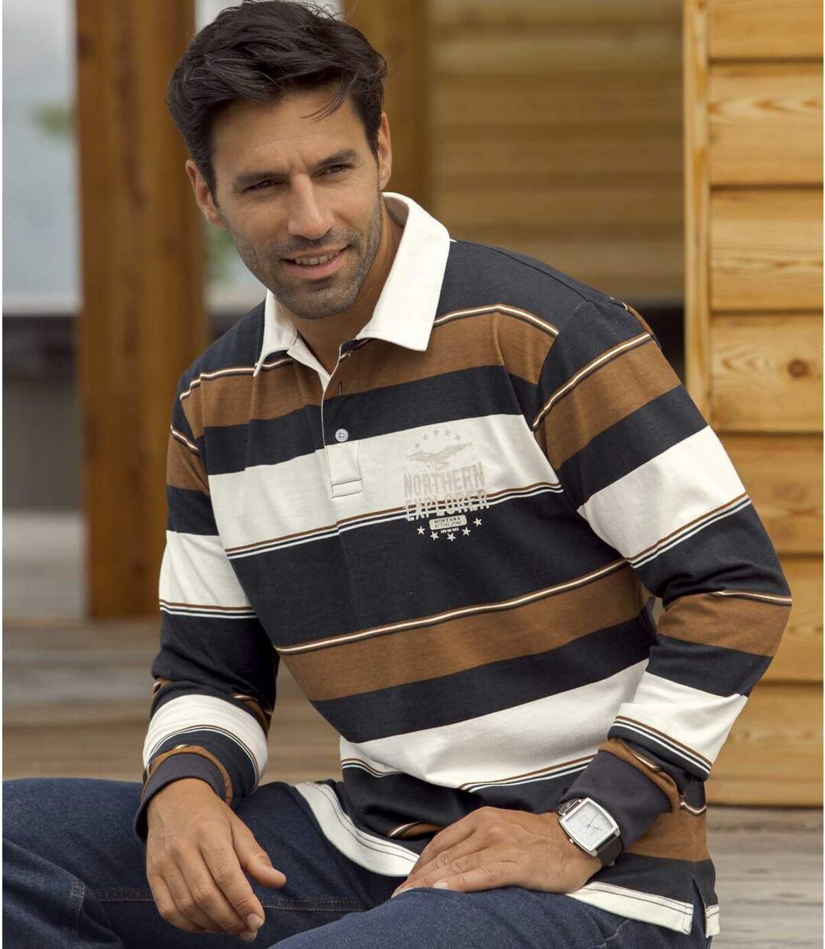 Men's Brown & Navy Long-Sleeved Polo Shirt Atlas For Men