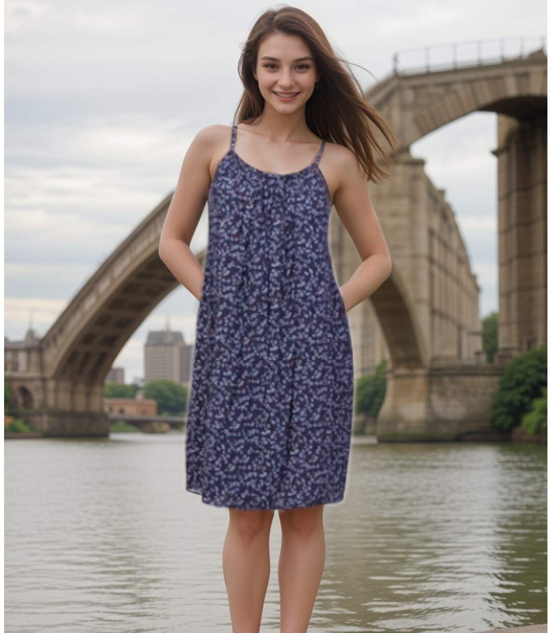 Robe d'été légère à  bretelles pour femme - Coupe ample - Bleu marine fleuri - Taille unique 36/38-4
