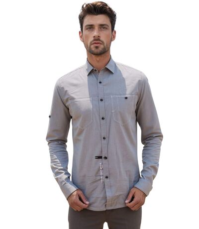 Chemise en coton gris à  manches longues pour homme avec poches poitrine et finitions contrastées