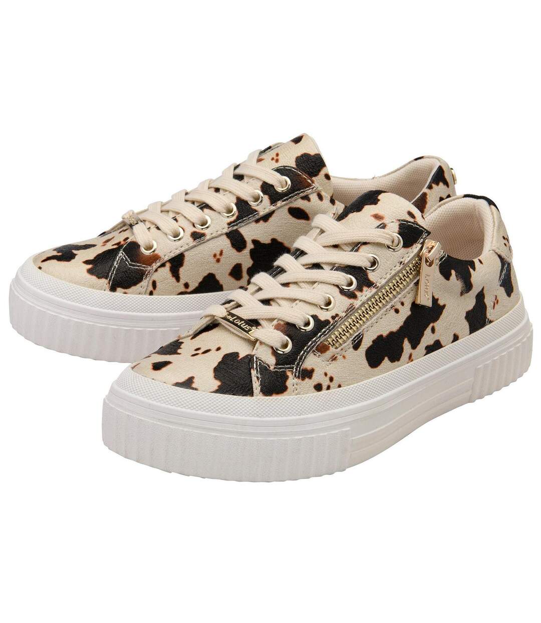 Womens/ladies Alexa Cow Print Trainers Beige Brown Lotus Shoes-3