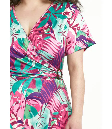 Robe courte col V imprimé exotique