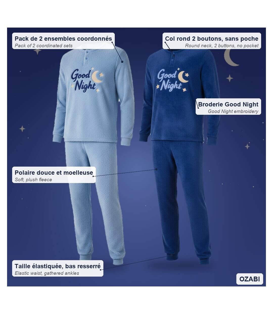 OZABI Pyjama Homme Pack de 2, Polaire Douce et Moelleuse, Broderie-5