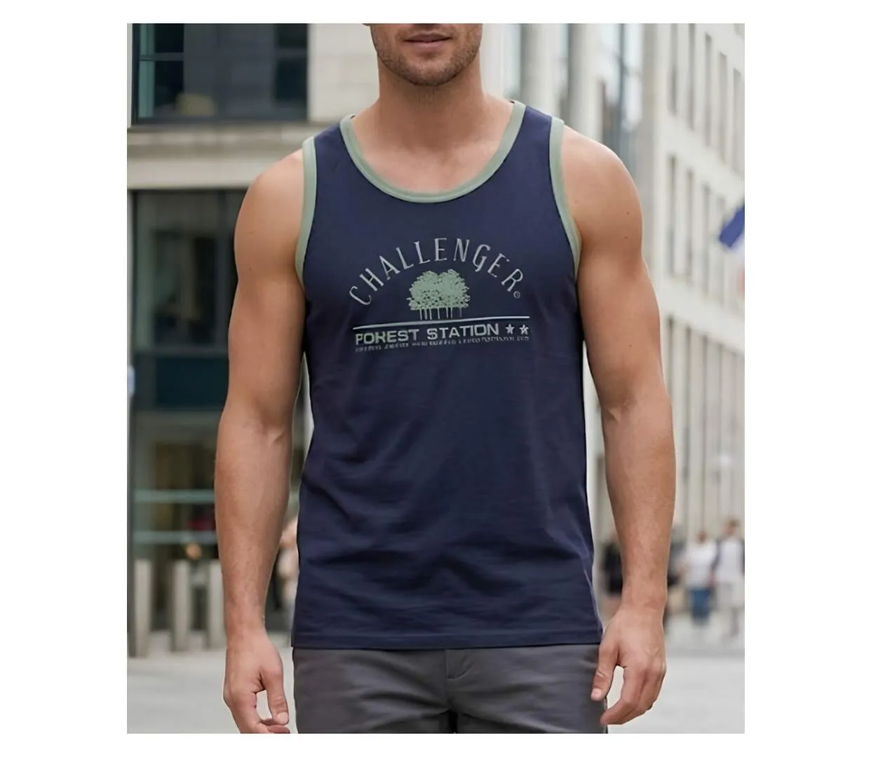 CHALLENGER SORGO2 - Débardeur marine pour homme en pur coton avec sérigraphie : le style sportswear aux détails contrastés kaki-1