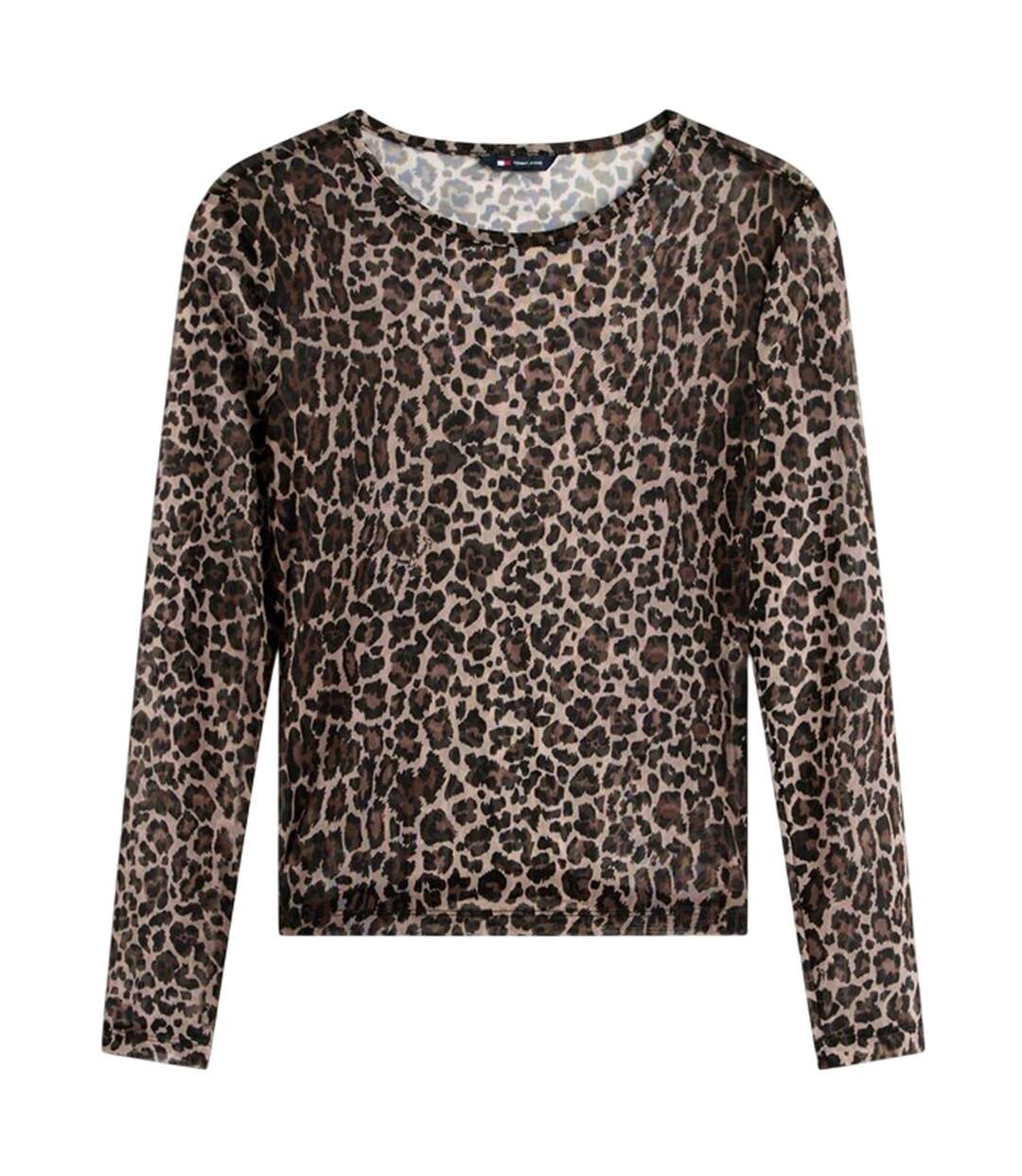 Womens/ladies Leopard Print Mesh Long-sleeved T-shirt Brown Beige Tommy Jeans-2