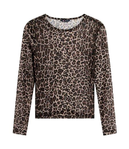Womens/ladies Leopard Print Mesh Long-sleeved T-shirt Brown Beige Tommy Jeans
