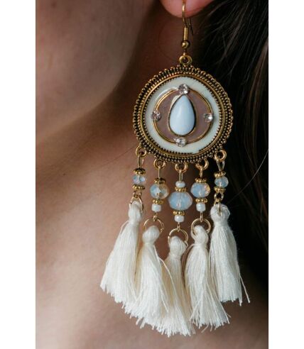 Long Round Enamel White Tassel Indian Boho Drop Ethnic Dangle Bridal Earring