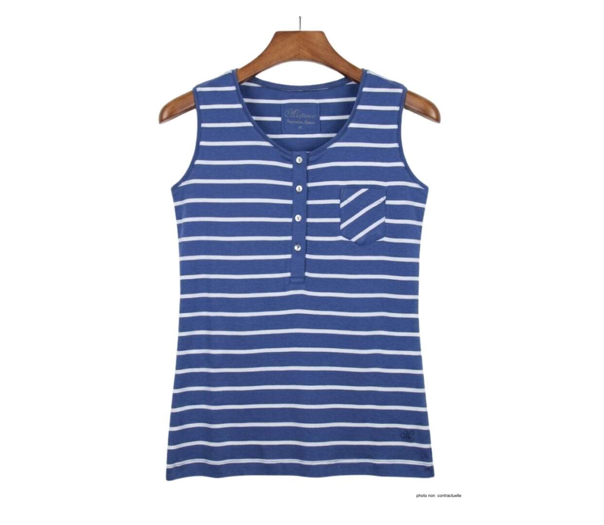MAYFLOWER EPOQUE3I - Débardeur col boutonné bleu rayé blanc : le confort estival en pur coton-2