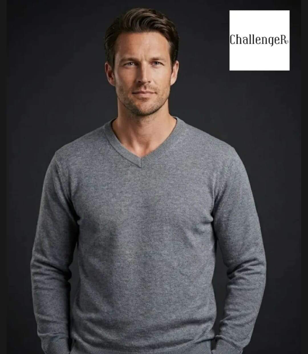 Pull Col V Homme PALAIS3 Gris avec Finitions Chambray-1