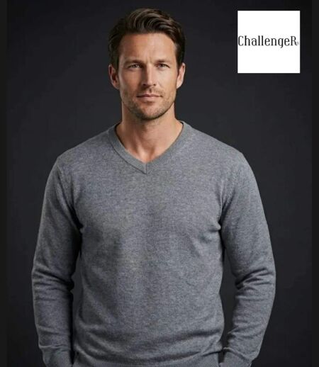 Pull Col V Homme PALAIS3 Gris avec Finitions Chambray