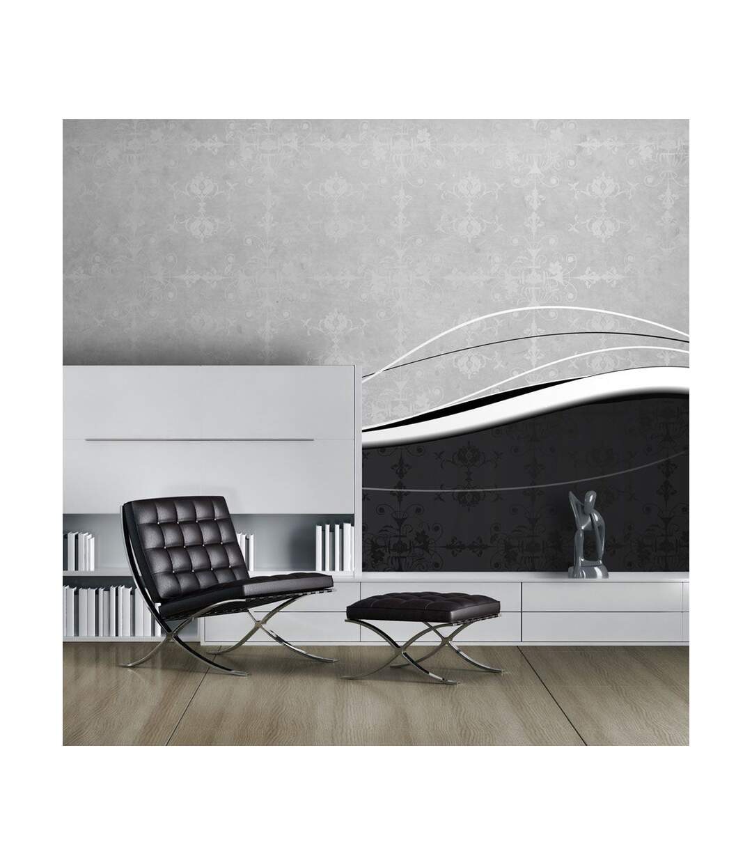 Papier Peint Vagues en Noir & Blanc Vintage 270x450cm-1