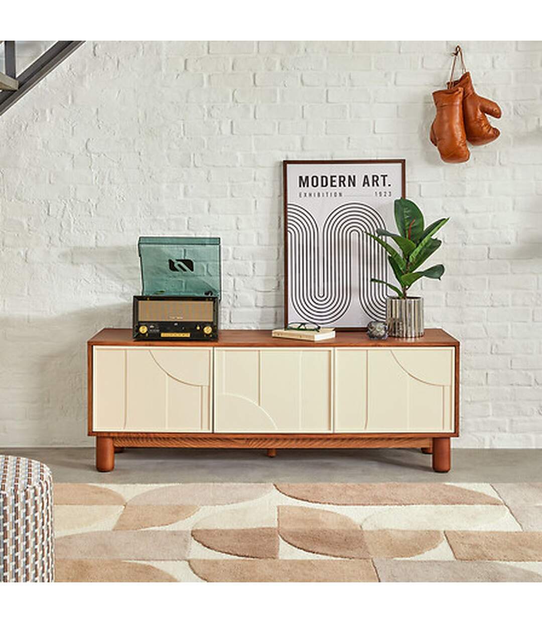Meuble TV 2 portes et 1 tiroir design en relief JILANI - Marron et beige-2