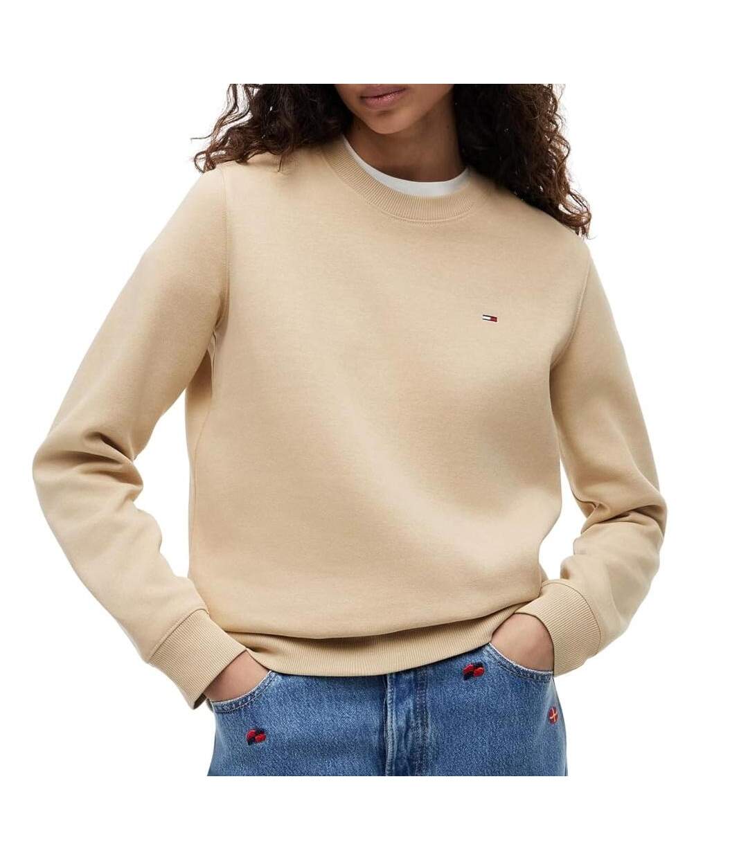 Sweat beige  femme tommy hilfiger flag crew1-1