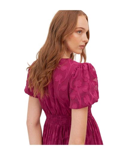 Robe Mi-longue Manches Bouffantes Motif/style Floral En Relief Femme Fuchsia Lovedrobe