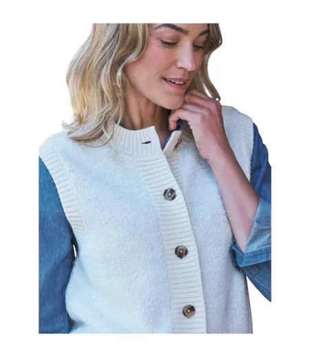 Womens/ladies Textured Crew Neck Waistcoat Cream WoolOvers