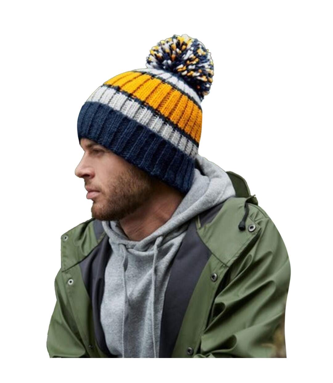Bonnet Rayé Hygge Jaune Moutarde Bleu Foncé Beechfield-1