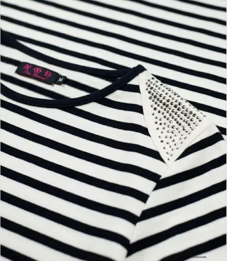 MAYFLOWER - TF190E - Tee-shirt femme manches longues rayé avec clous fantaisie