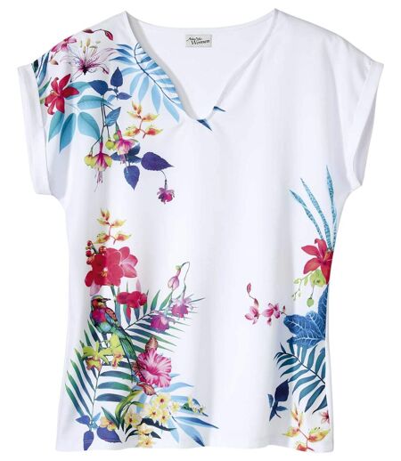 Women's White Dual Fabric T-Shirt with Tropical Print