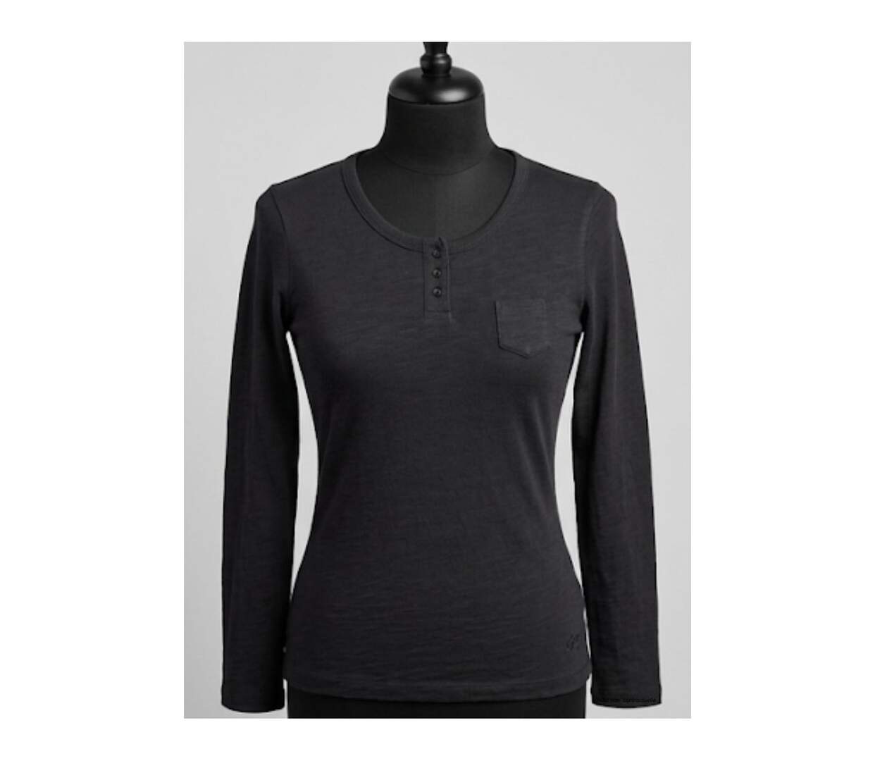AXONE CHINA1N - Tee-shirt noir manches longues en coton flammé avec col 3 boutons et poche poitrine-3
