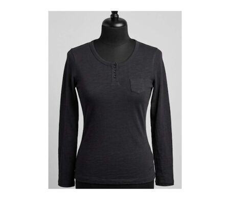 AXONE CHINA1N - Tee-shirt noir manches longues en coton flammé avec col 3 boutons et poche poitrine