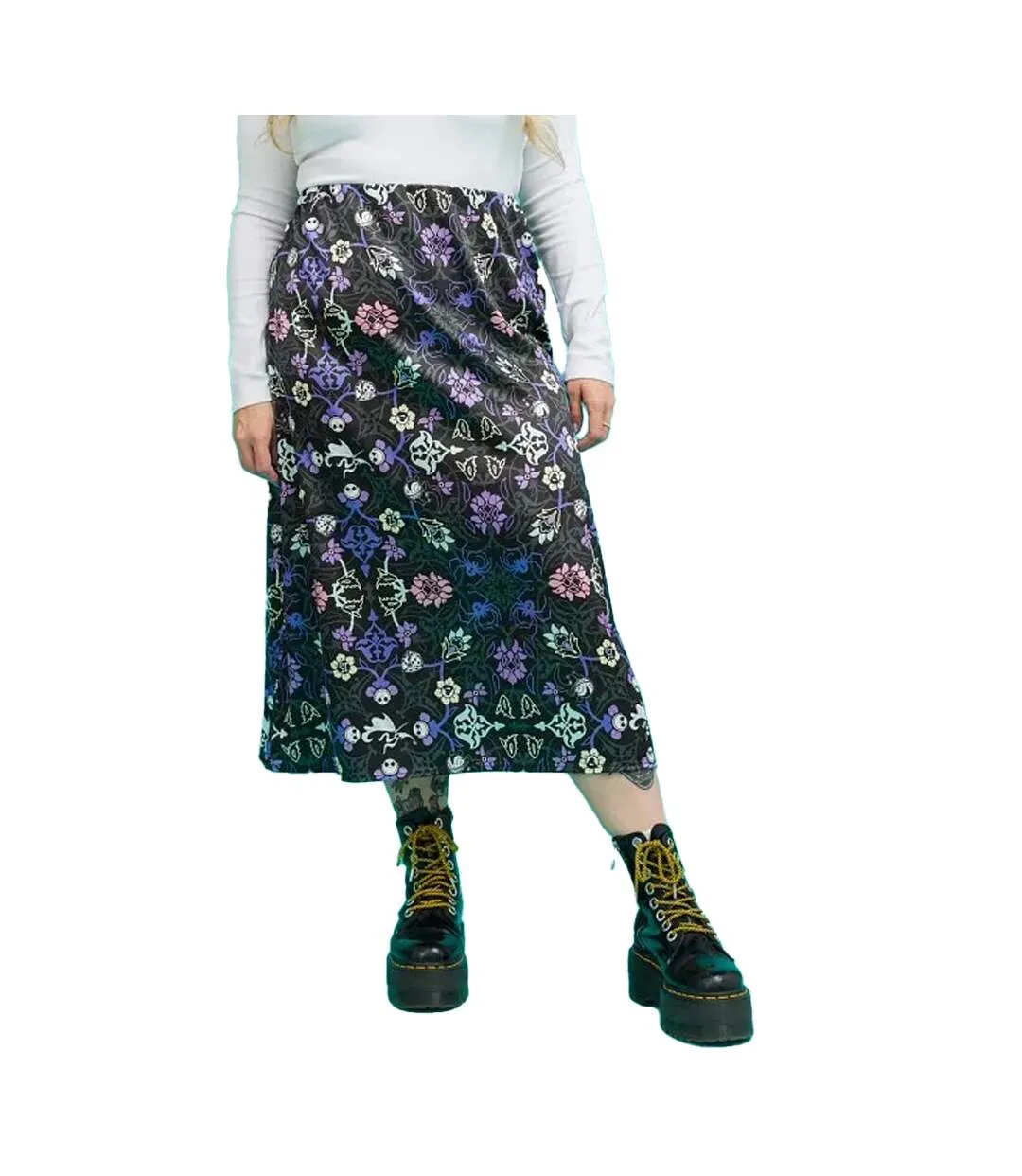 Womens/ladies Floral Satin Midi Skirt Multicoloured Nightmare Before Christmas-1