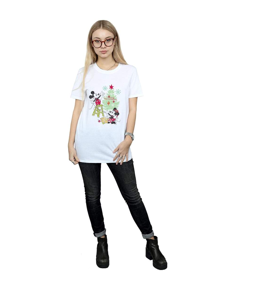 Disney Womens/Ladies Mickey And Minnie Christmas Tree Cotton Boyfriend T-Shirt (Blanc) - UTBI36349-4