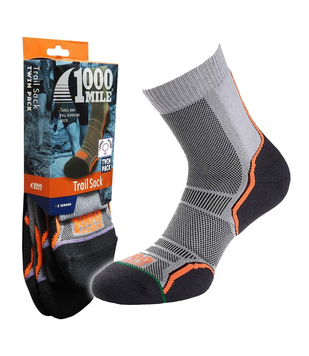 Chaussettes trail femme gris / orange / noir 1000 Mile-3