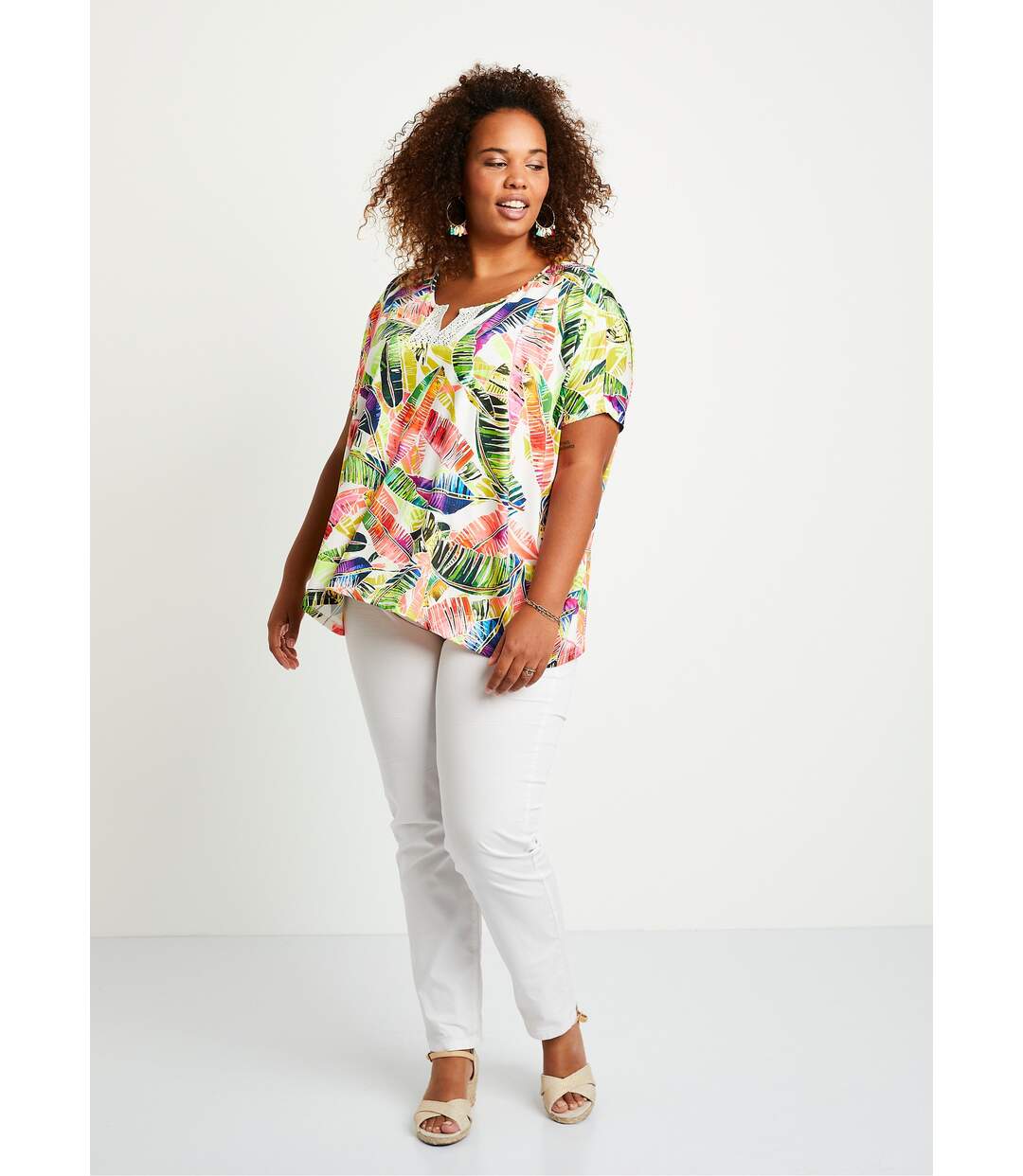 T-shirt long ample motif fluo dentelle-3