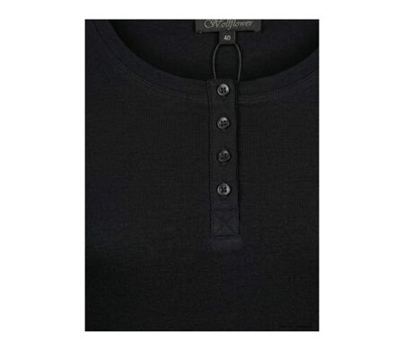 MAYFLOWER - Tee-shirt manches longues noir uni en viscose stretch avec col à 4 boutons