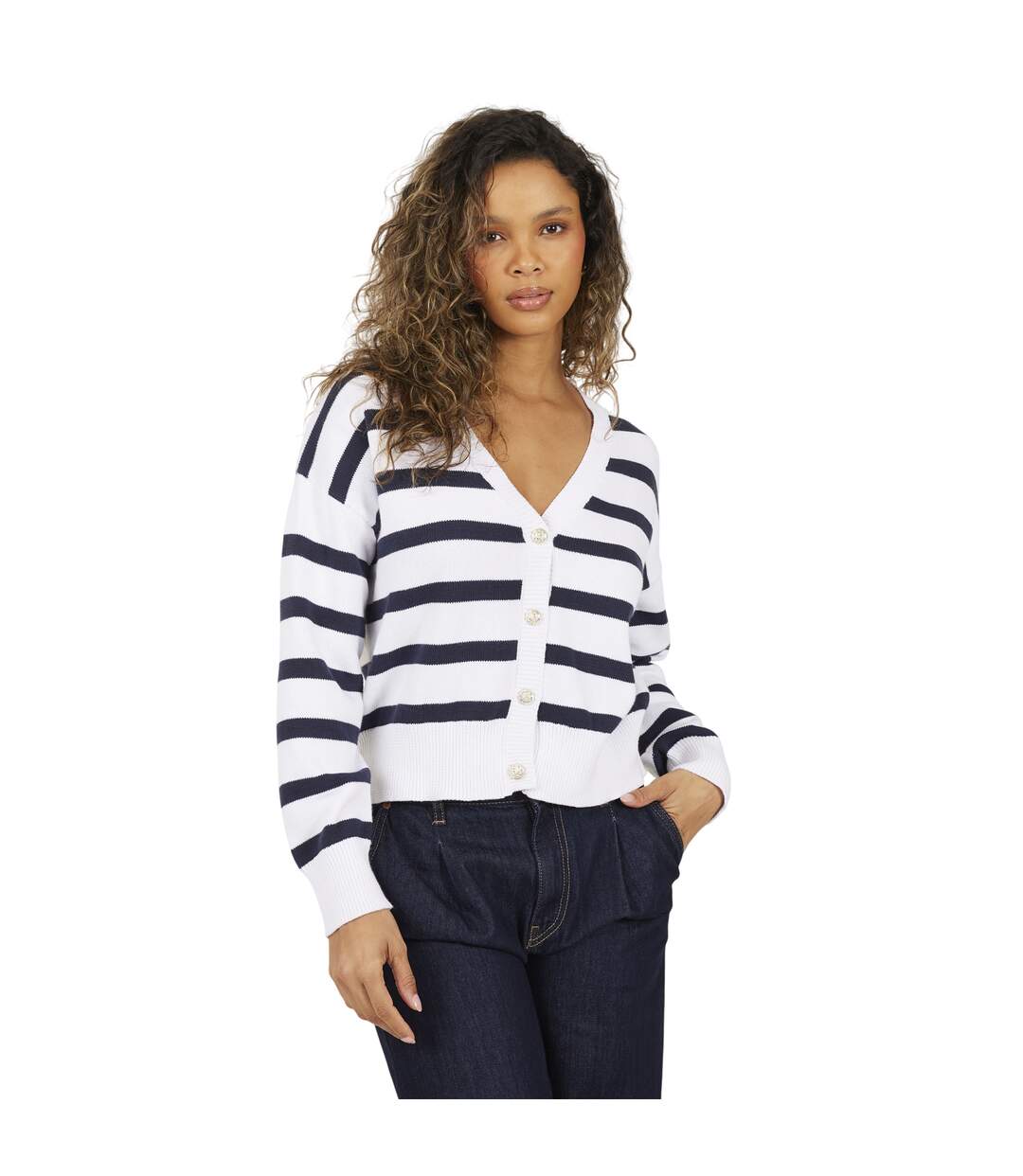 Cardigan Motif/style Rayé Femme Blanc Bleu Marine Brave Soul-2