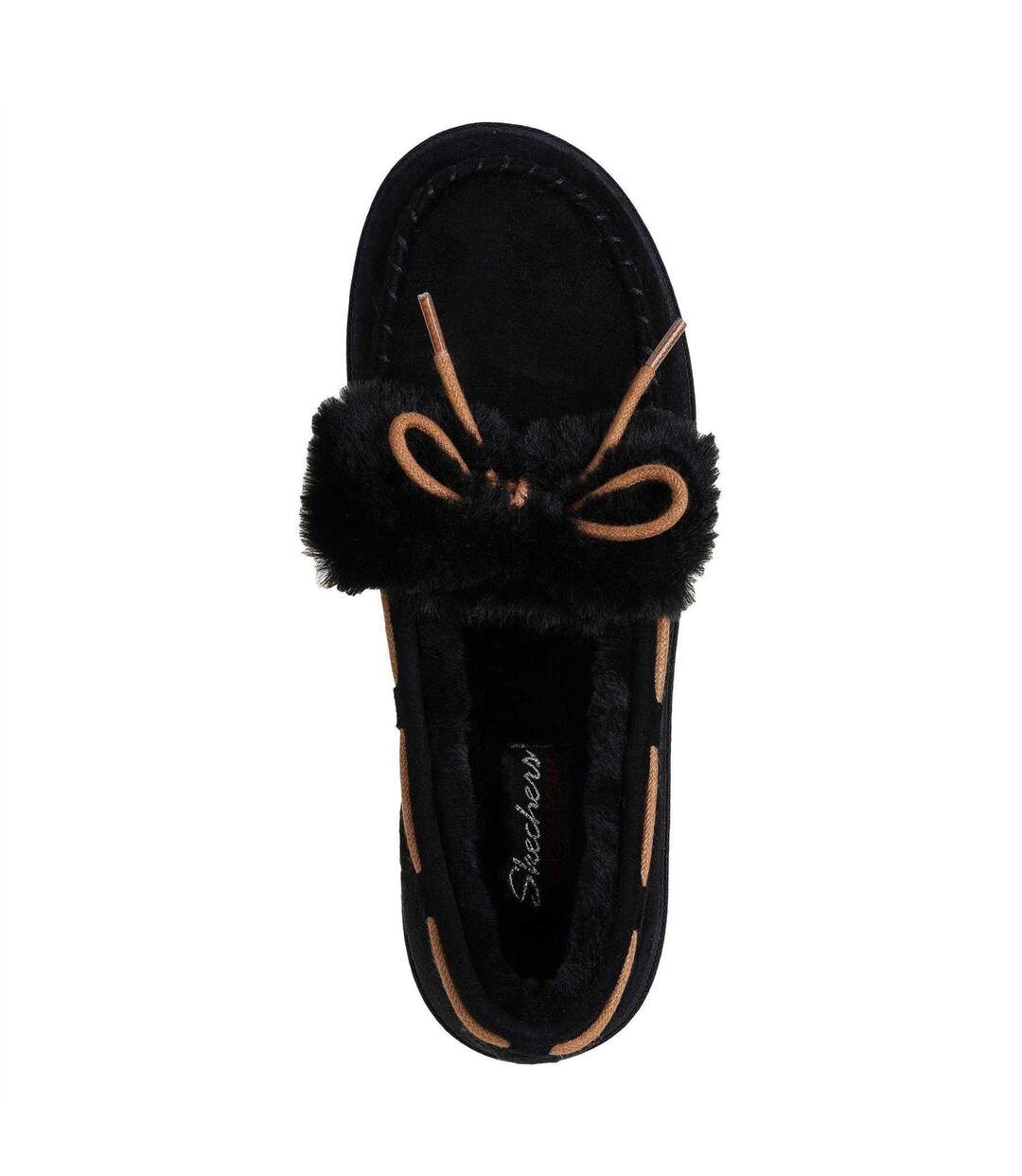Womens/ladies Bow Faux Fur Trim Moccasin Slippers Black Skechers-4